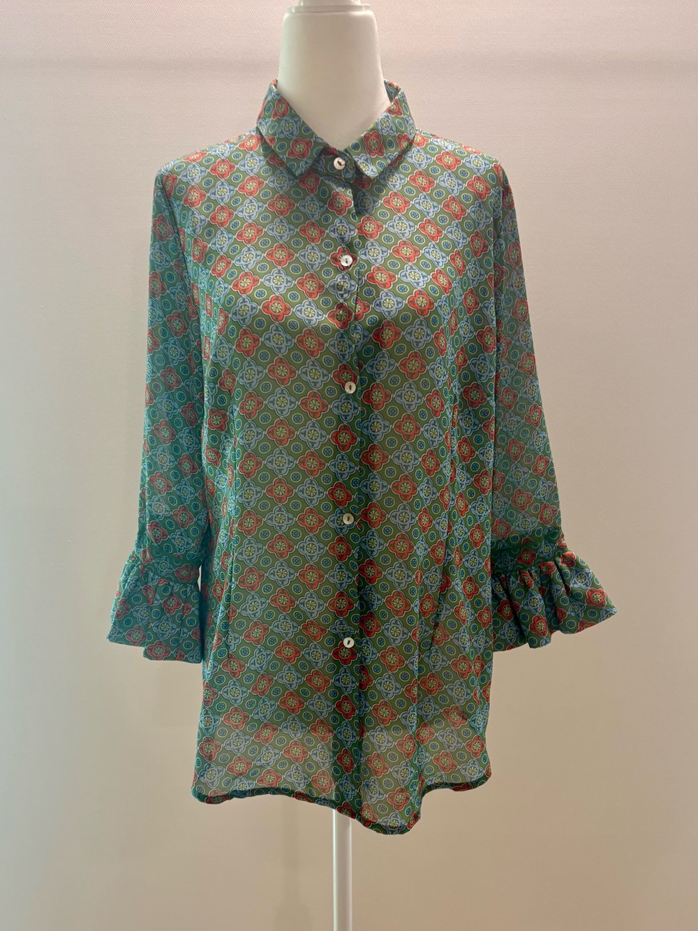 Gretchen Scott Designs Green Multi-Color Patterned Ruffle Sleeve Blouse